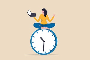 women sitting in a yoga position on top of a clock as a flexible schedule concept