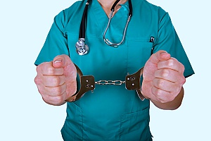 a doctor in handcuffs going to court but he will not be fined as much since he is covered through medical malpractice insurance