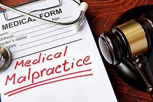 a medical malpractice booklet next to a gavel to show the importance of having malpractice insurance