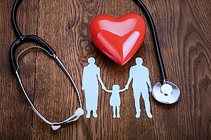 a heart next to a stethoscope as well as silhouettes of a family that represents how EPO insurance can benefit employees and their families