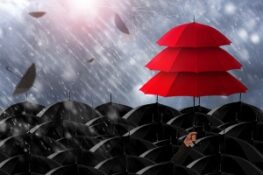 insurance agent holding red umbrella three layers to protect