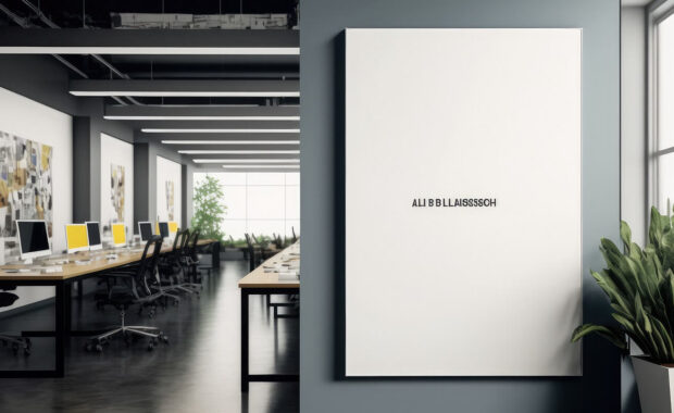 empty advertising billboard frame on wall in office lobby copy space for mock up design template