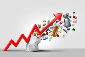 rising medicine cost and medication prices surging costs of pharmacy and pharmacies as an inflation financial crisis concept