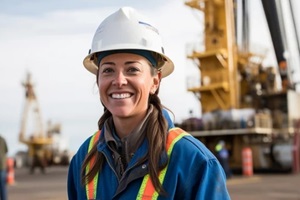 smiling female engineer at front of oil rig