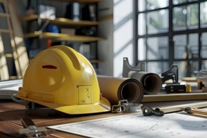 site helmet, several site plan, carpenter's equipment, place on a table, in an office